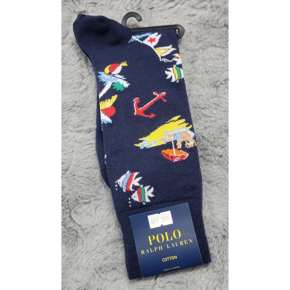 Polo Ralph Lauren Socks Mens 10-13 Navy Beach Vacation Bear Fish Crew Mid Calf - Picture 1 of 5